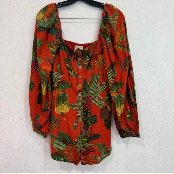 NWT Farm Rio Red Forest Birds Printed Square Long Sleeve Romper Women’s Size XS - Picture 5 of 8
